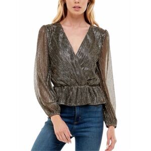 JUNE & HUDSON Women’s Metallic Glitter Surplice Peplum Top Gold Black Size Small